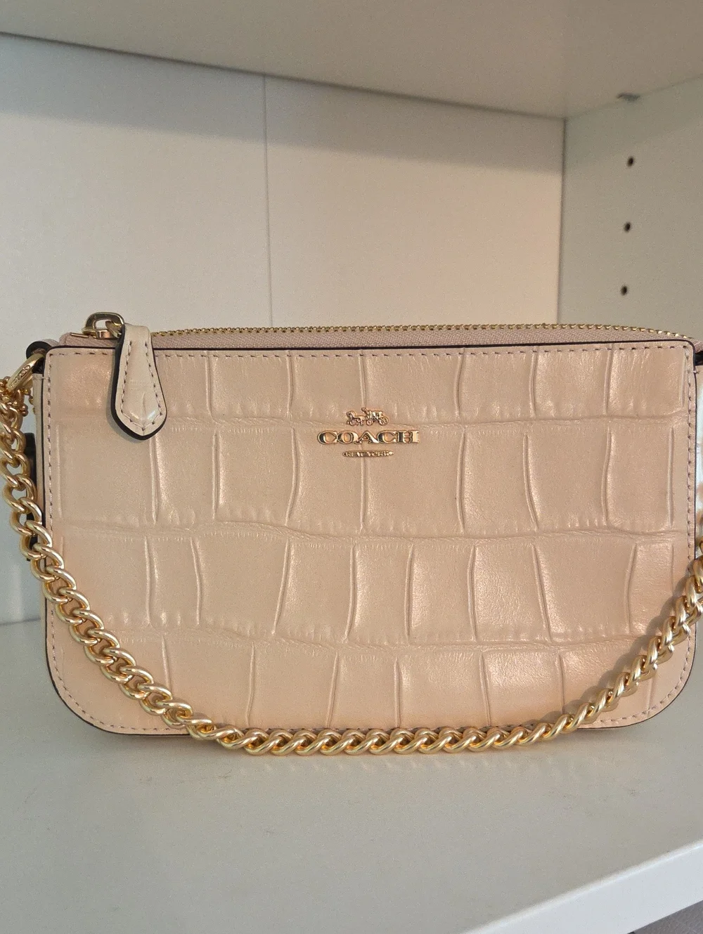 🦋Coach Croc-Embossed Leather Wristlet in Blush with Gold Chain